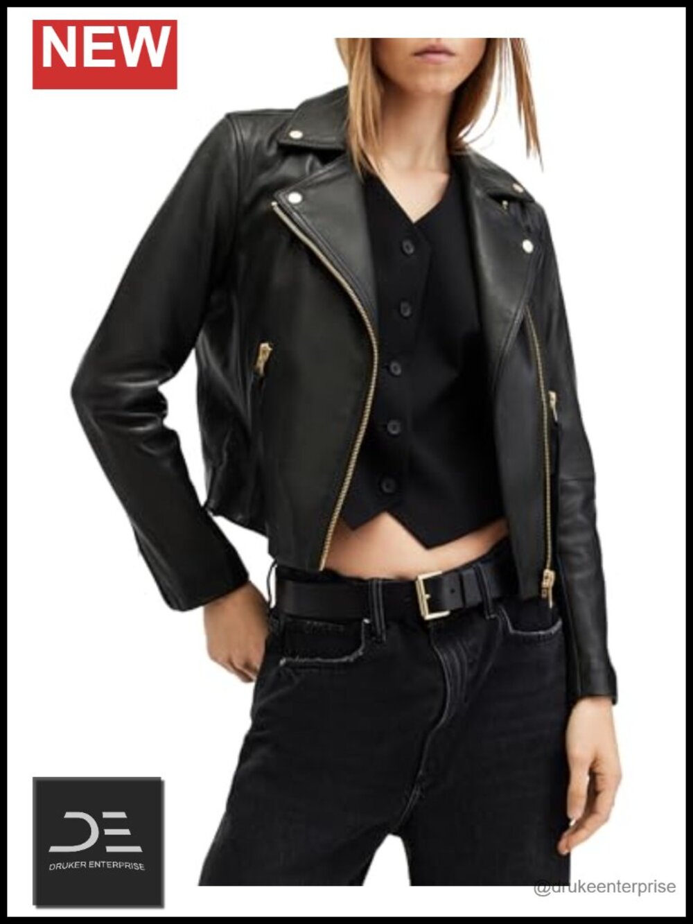 AllSaints Dalby Leather Biker Jacket Slim Fit Moto Long Sleeve Metal Hardware